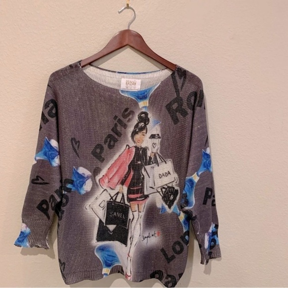 Brand Bazar Paris Gray Graphic Knit Top XL Artsy Sparkle Oversized Made in Italy